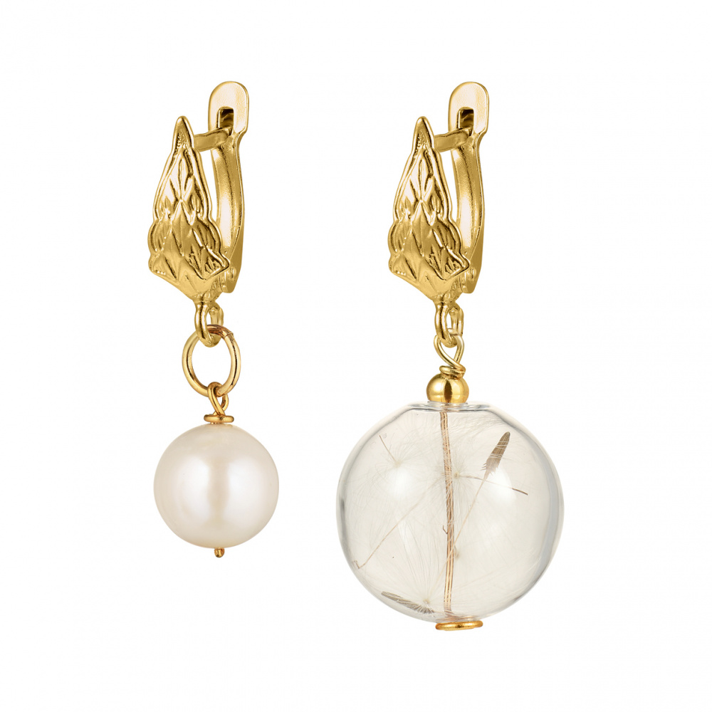 картинка Серьги "Одуванчик" с подвесками из стекла и жемчуга  