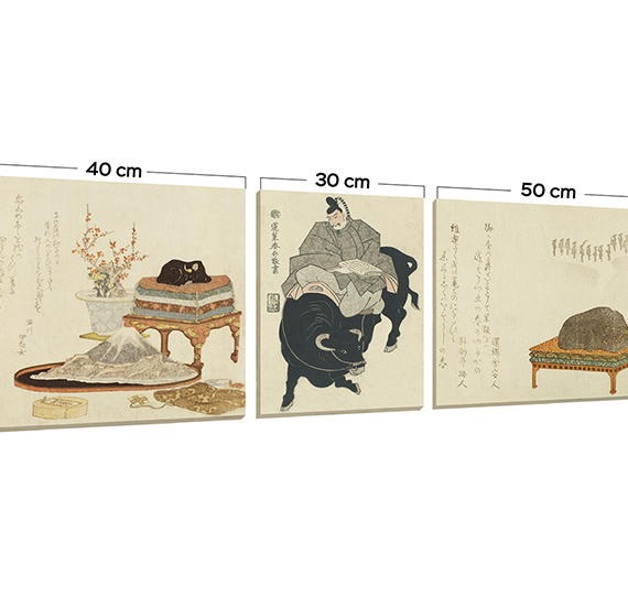 картинка Модульная картина из 3 модулей. Триптих "Кэйсай Эйсэн. Натюрморт со статуэткой быка". "Утагава Сюнсё. Сугавара-но Митидзанэ верхом на быке". "Хисикава Сōри III, Кацусика Хокусай. Статуэтка лежащего быка" 