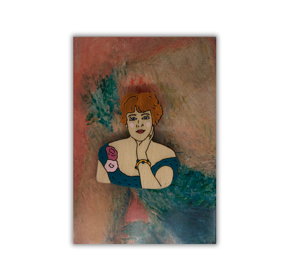 картинка Брошь деревянная "Пьер Огюст Ренуар. Портрет актрисы Жанны Самари" 